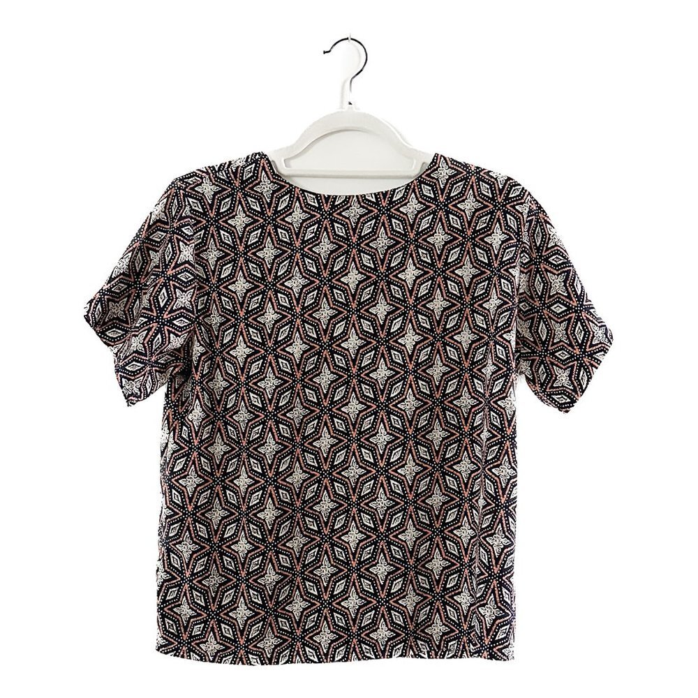 LUMIERE Short Sleeve Navy and Orange Printed Blouse - Size Small